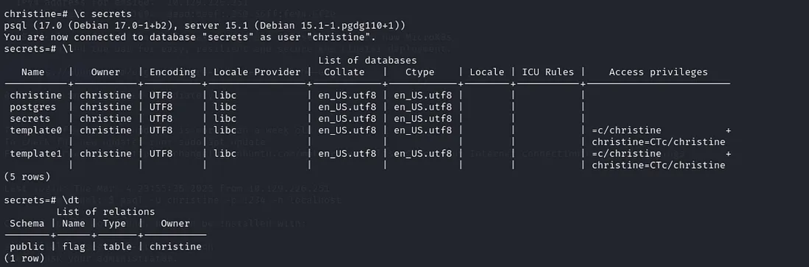 Listing the relations of the secrets database.