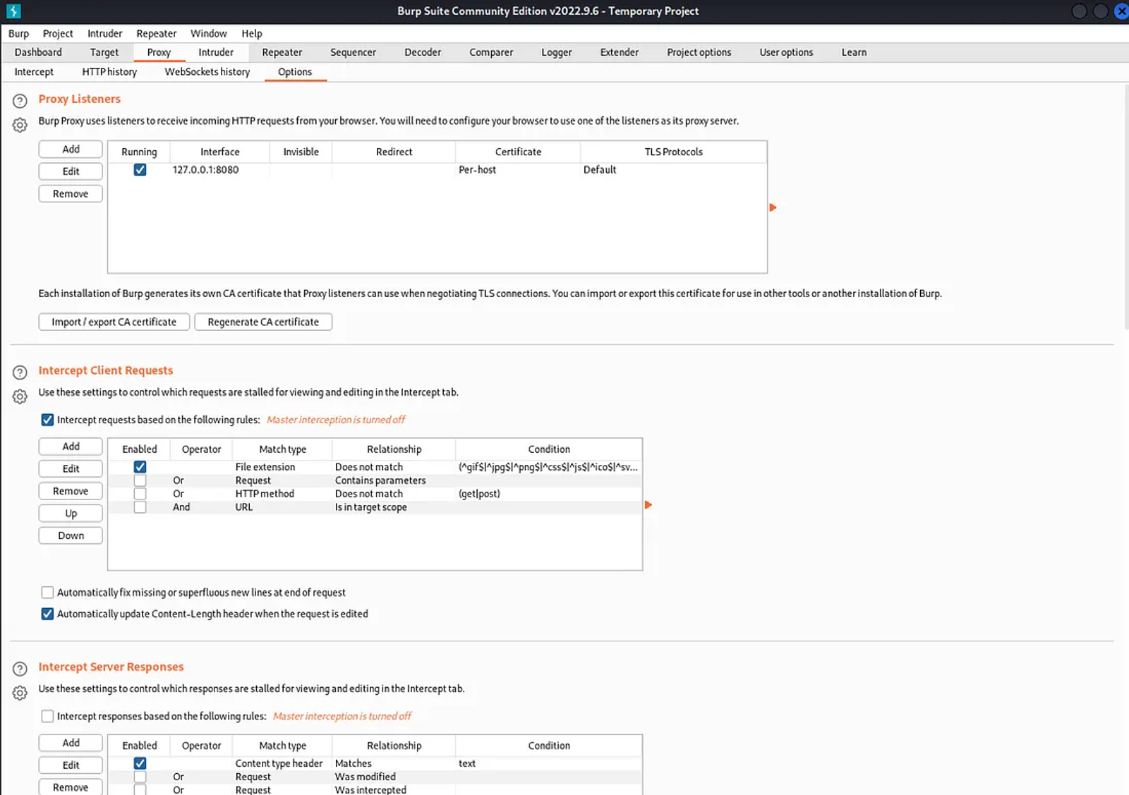 The default configuration of the burp proxy.