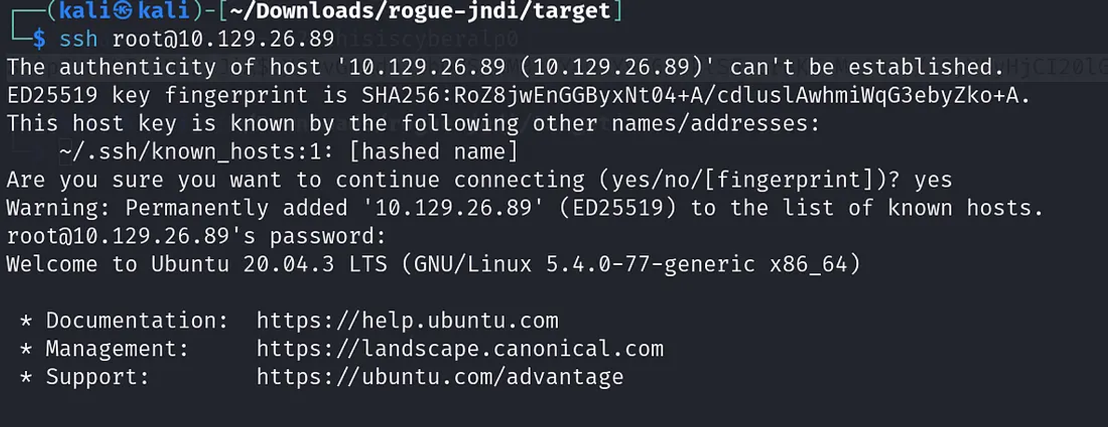 Establishing an SSH connection using the root user.