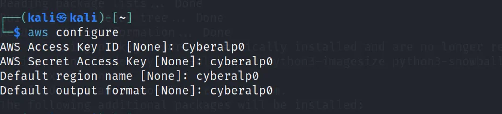 Configuring the awscli. You may configure the AWS ID, Secret Access Key, Region, and output form with anything