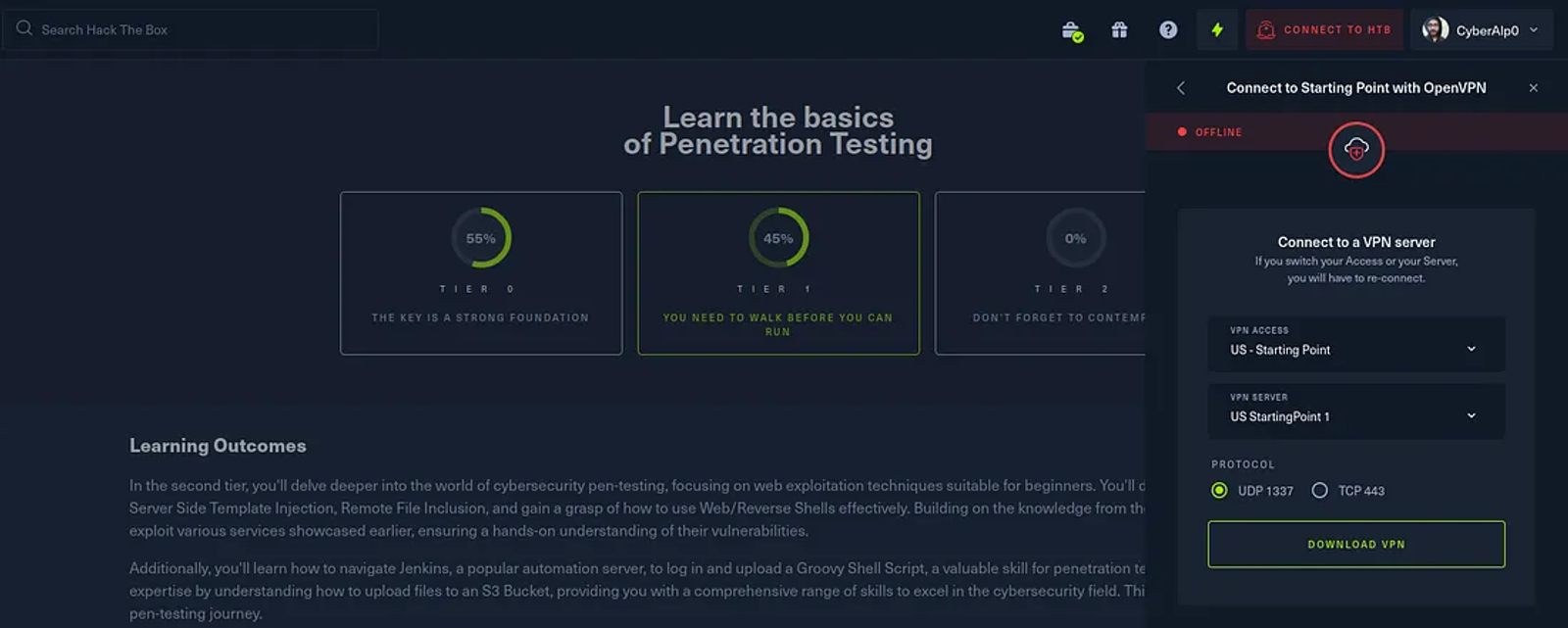 Downloading the .ovpn file in order to connect to the server of the starting point labs.