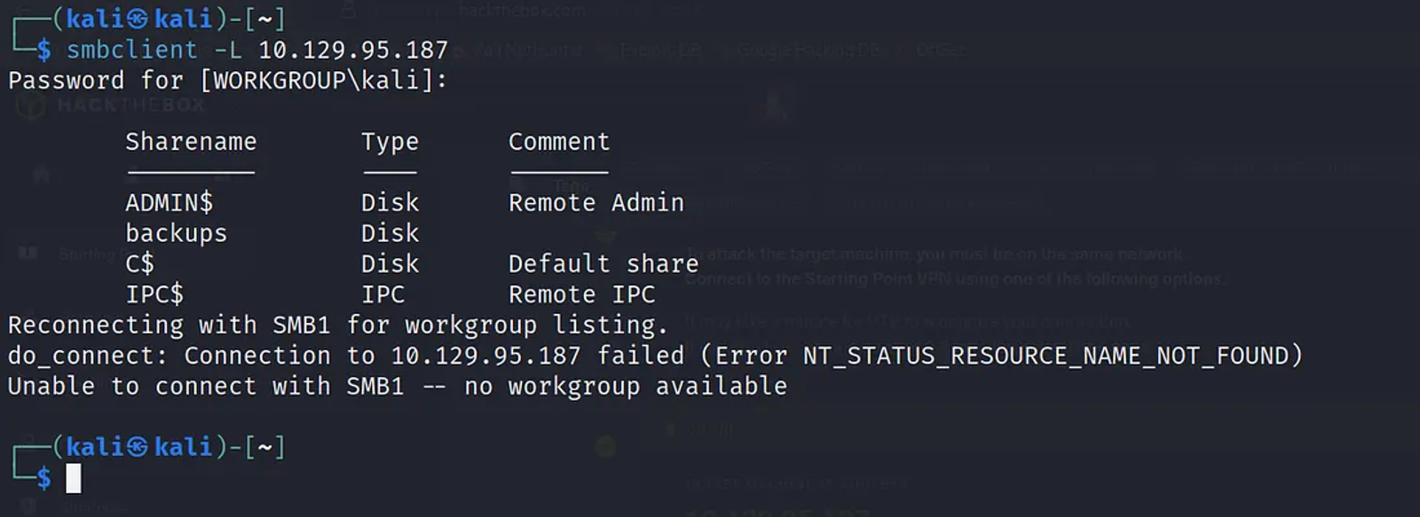 Listing the shares inside the server that has an open port of 445.