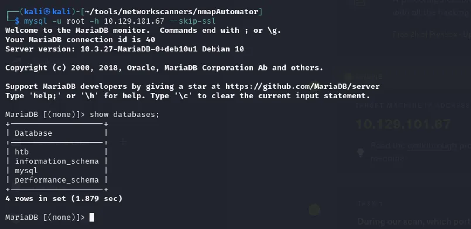 Connecting to MairaDB and skipping the SSL authentication as it is not supported by the target server.