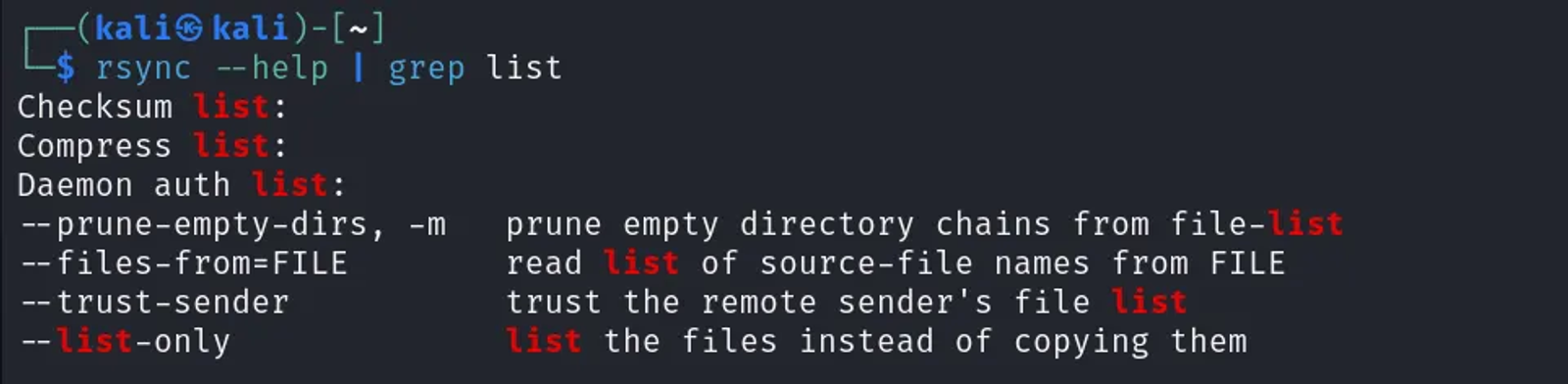 grepping every “list” word inside the help menu of the “rsync” tool.
