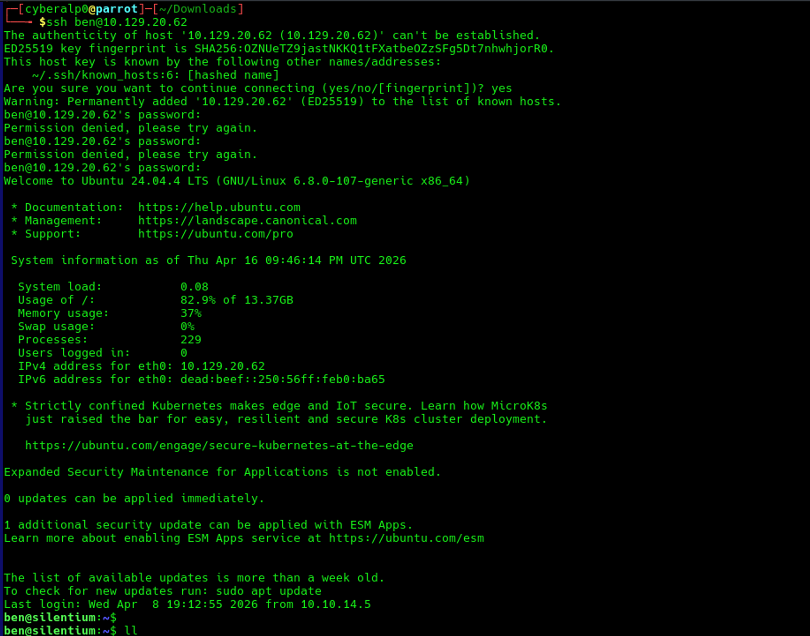 Getting SSH access using Ben's username]