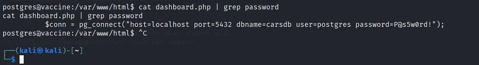 The user is Postgres and the password is P@s5w0rd!