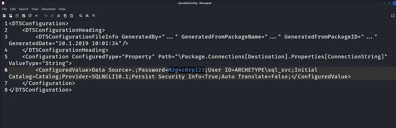 The Password identified in the file prod.dtsconfig