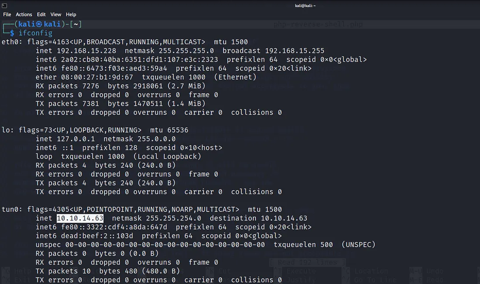 The IP address assigned to kali once I am connected to VPN.
