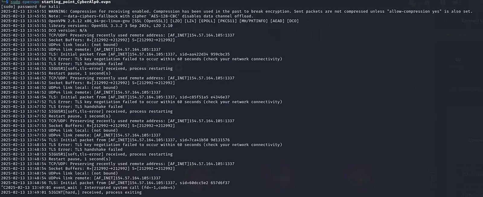 TLS Error: TLS key negoitiation filed to occur within 60 seconds