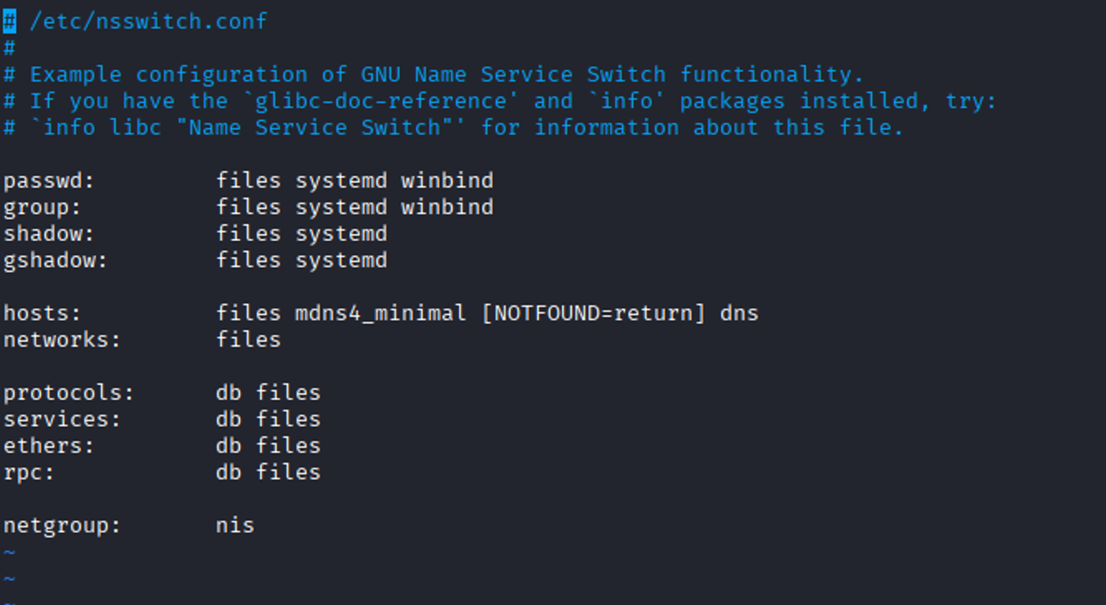 Viewing the content of the nsswitch.conf file to understand it better.