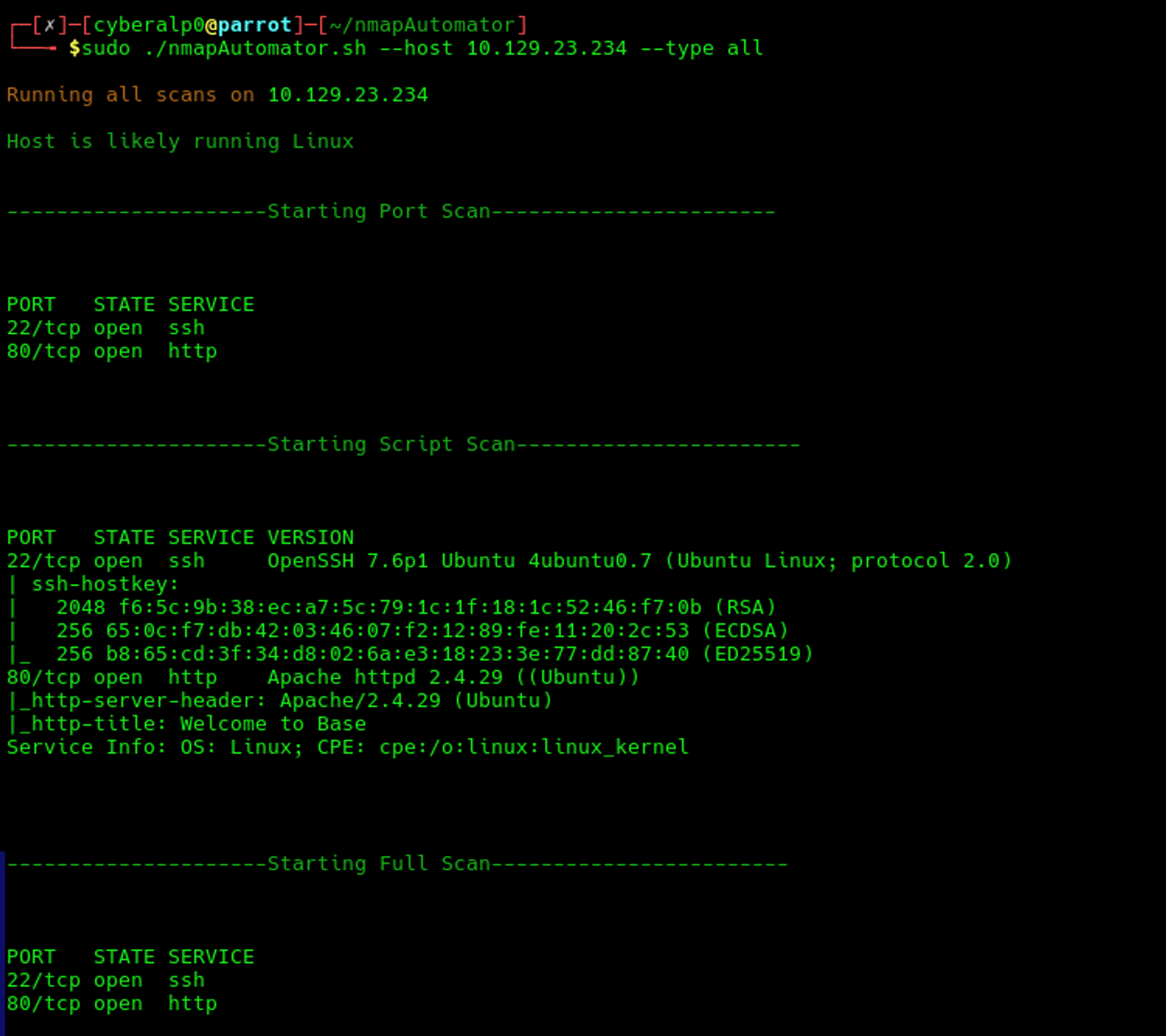Scanning the target using nmapautomator to find the opened ports and the services.