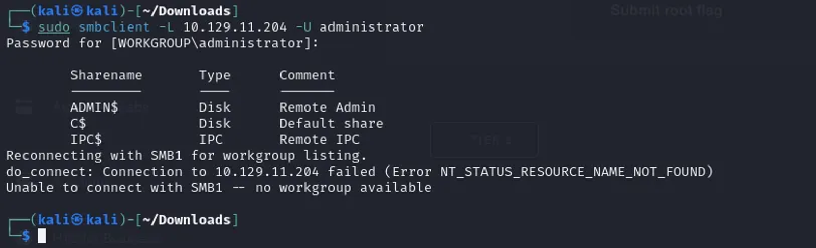 Listing the workshares using the -L flag for the SMB Client ans -U for the administrator username. There is no password for this username.