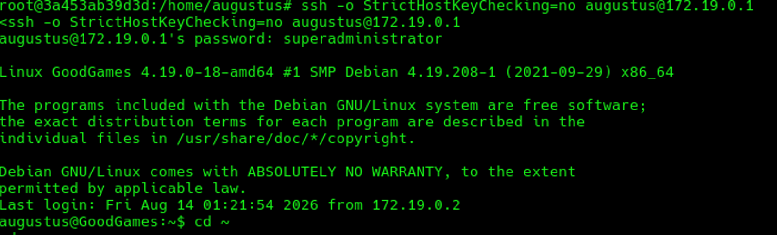 SSH to the user augustus locally from the container.