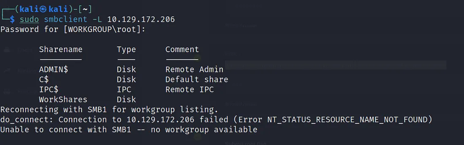 Listing the workshares using the -L flag for the SMB Client with the IP “10.129.172.206”