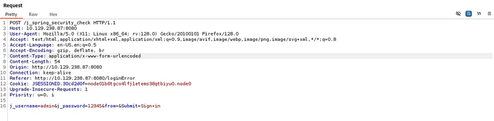 The request sent by using username=admin and password=12345.