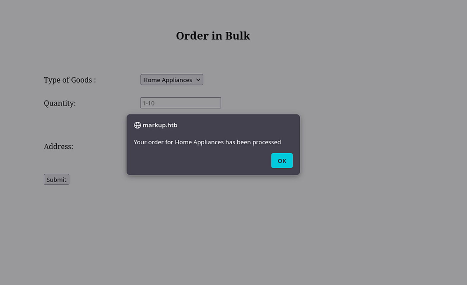 "Order" page accepts the user input.