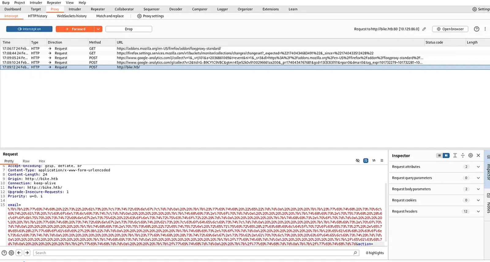 Inserting the encoded payload in the email field in the request.