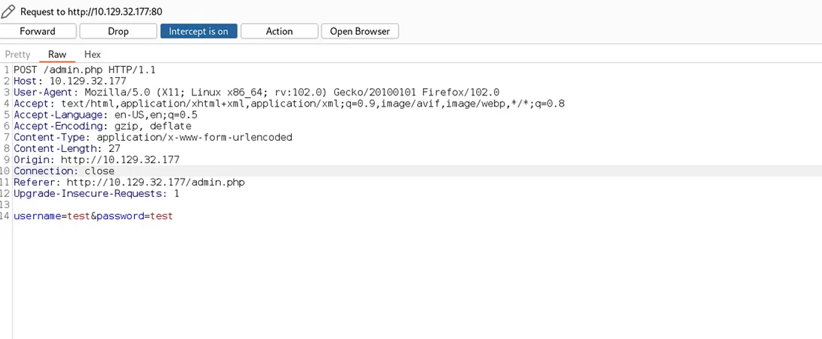 The request was intercepted by Burp Suite.