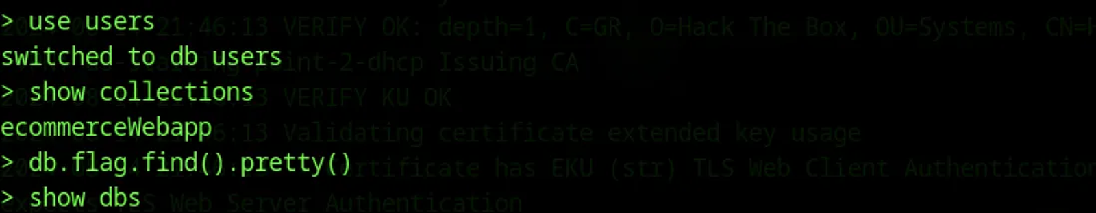 Showing the collections inside a specific database.