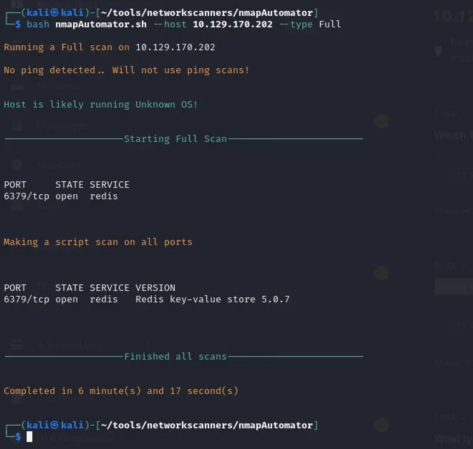 Nmap automator tool detected an opened tcp port that runs redis service.