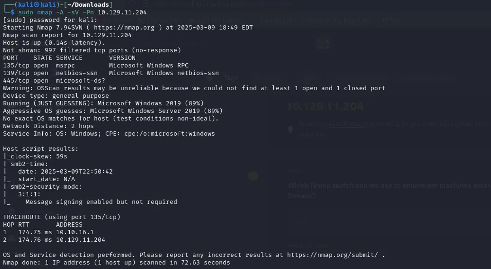 Scanning the target using Nmap by using the -Pn switch to skip the host discovery as the ICMP packets are blocked by the firewall.