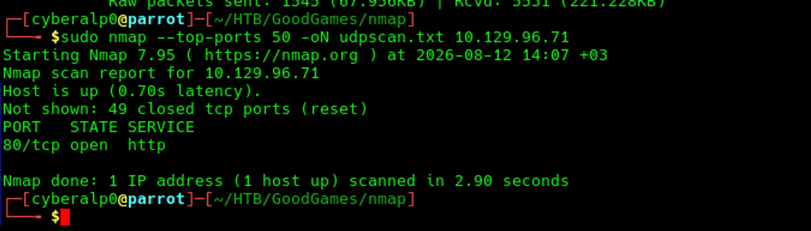 The result of the UDP scan that was conducted on the target's machine.