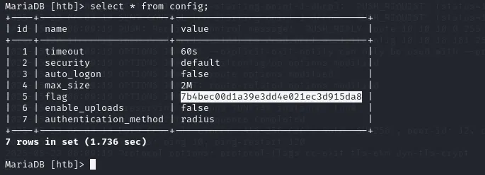 Showing all the content of the table “config”.