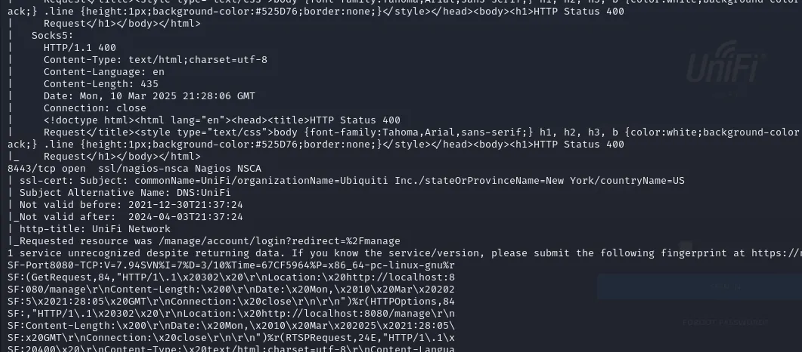 The last port is 8443 which serves the service ssl/nagios-nsca Nagios NSCA.