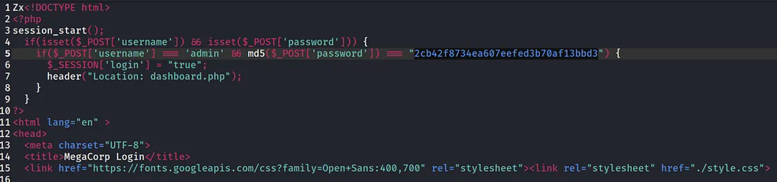 The password of the admin user hashed in an MD5 Hashing.