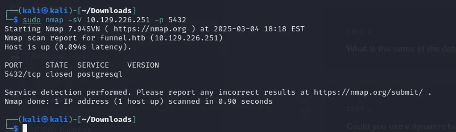 Identifying the service that is running over the port 5432. It appears to be postgresql service and it’s closed.