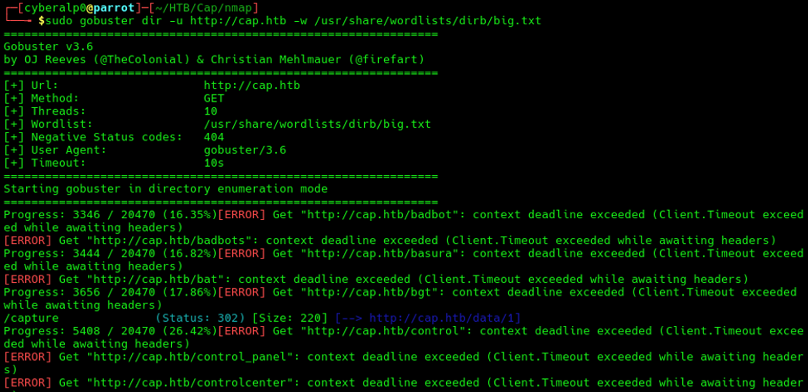 Preforming directory brute forcing on the target using gobuster 