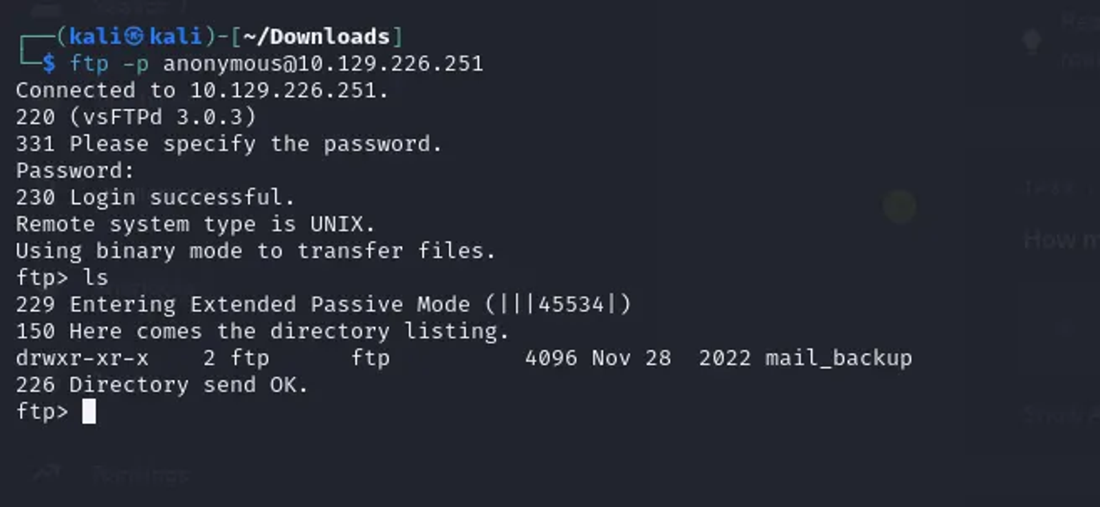 Connecting to the target machine over port 21 with anonymous username and blank password.