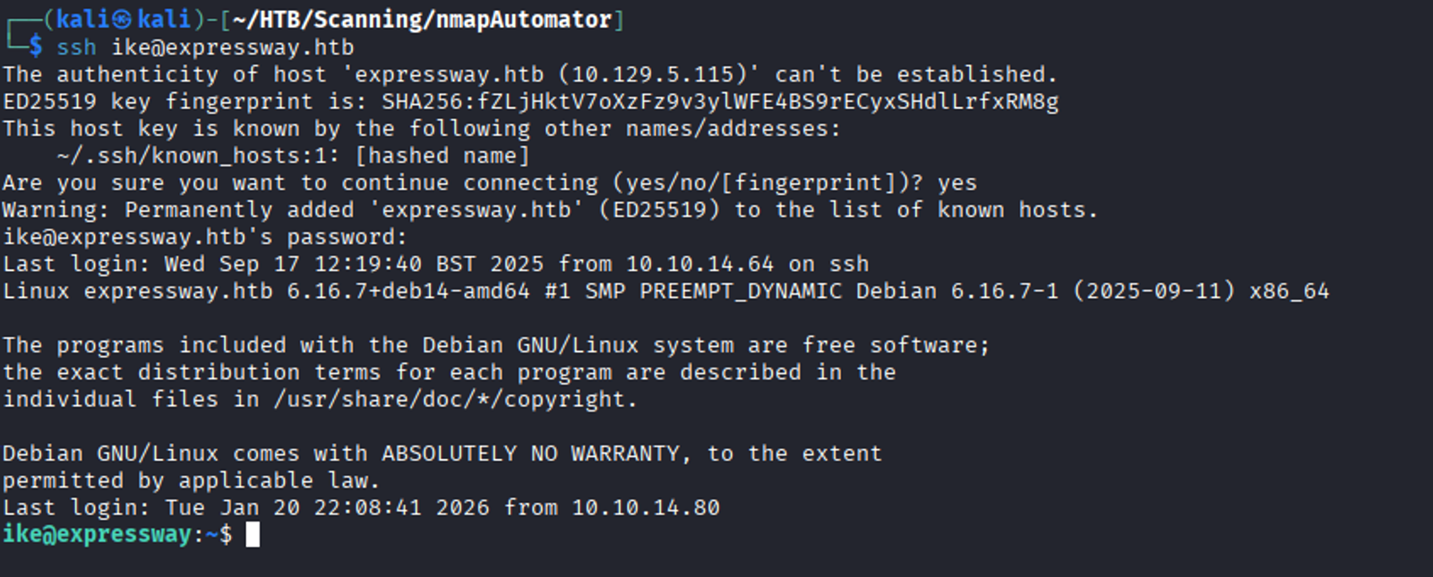 Authenticating the username "ike" and connecting through a secured connection to the target's machine.