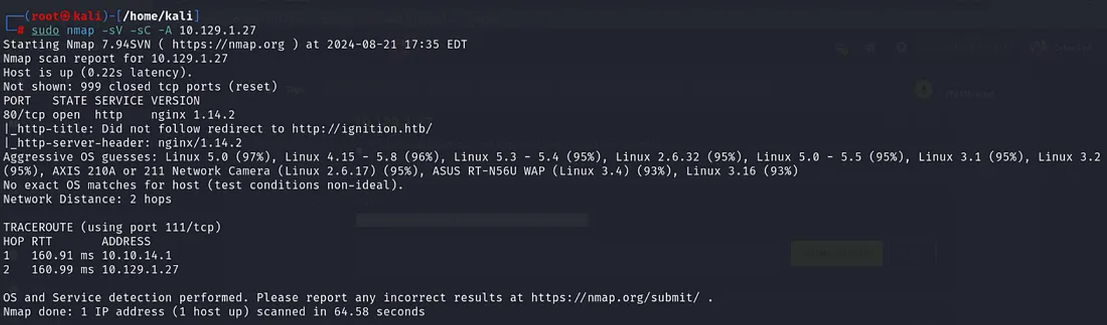 Preforming Nmap scanning on the target’s IP to gather information about the target