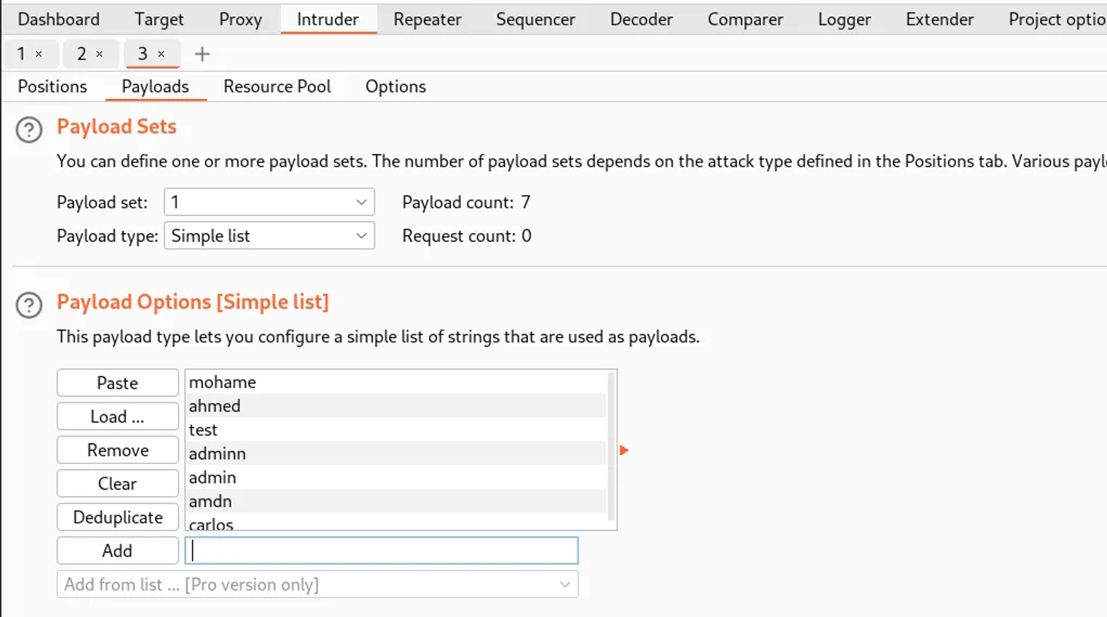 Choosing the list of the usernames in the payload