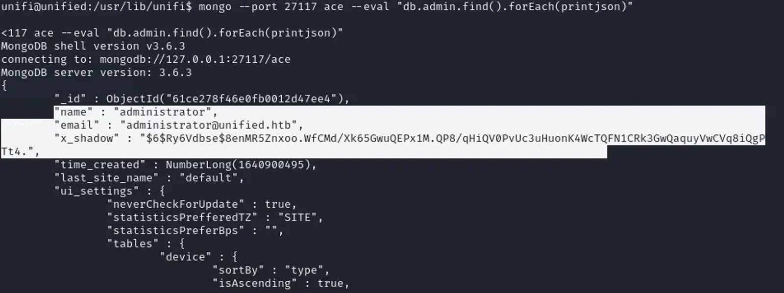 The command connects to a MongoDB running on port 27117, accesses the ace database, and retrieves all documents from the admin collection. It then prints each document in a readable JSON format to the console.