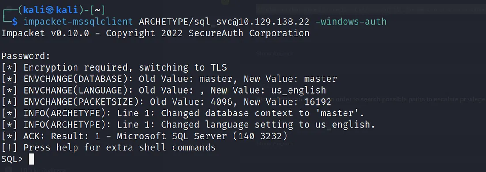 Connecting to the Archetype SQL database through an impacket script called mssqlclient.py