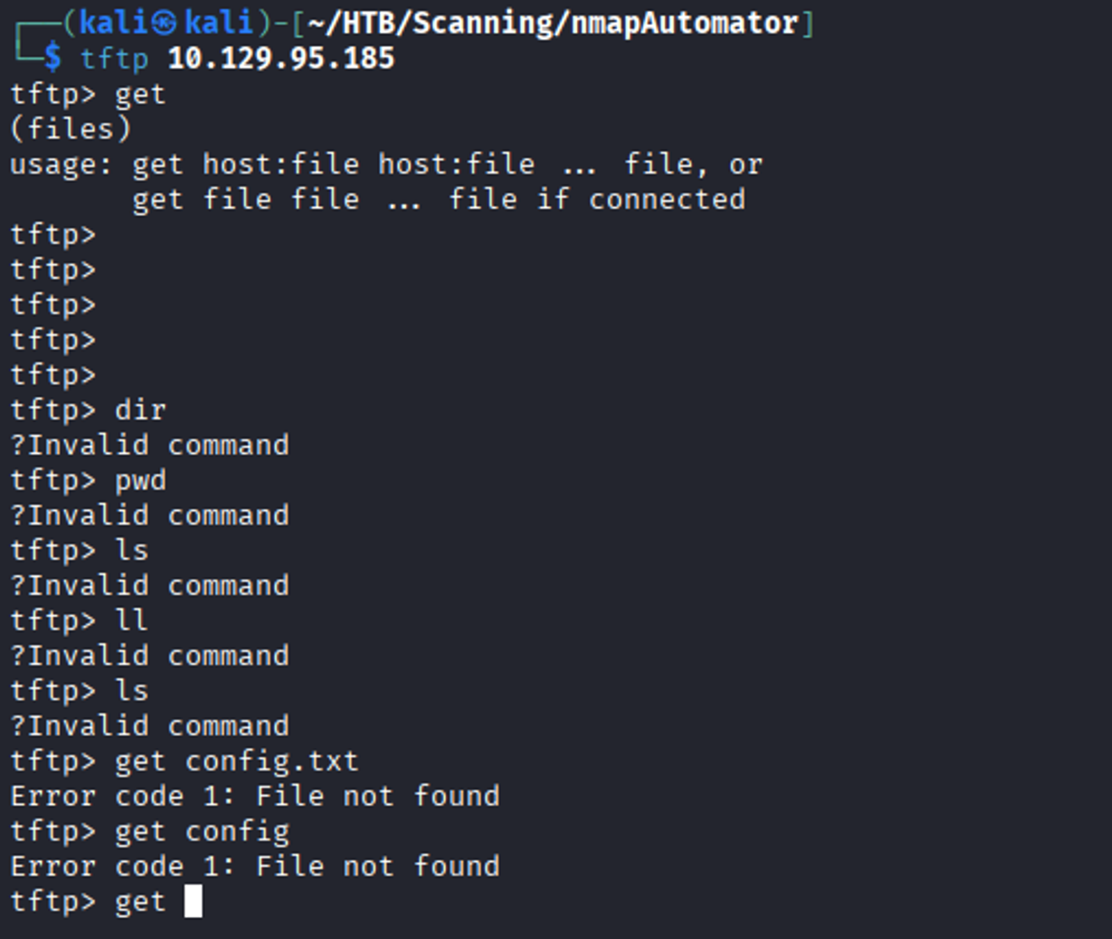 Trying to navigate the server after connecting to it using the tftp.