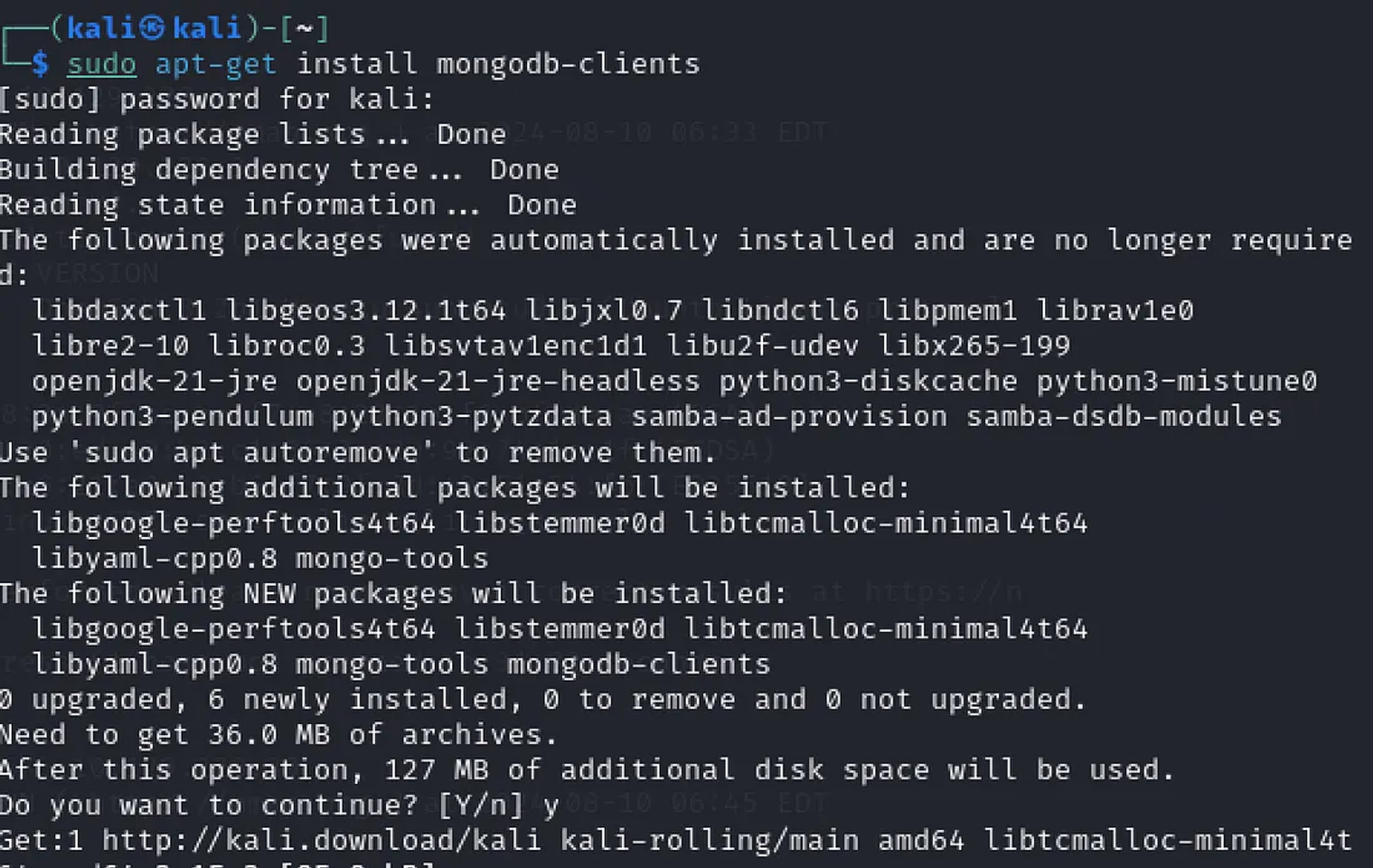 Installing MongoDB-clients using the get command.